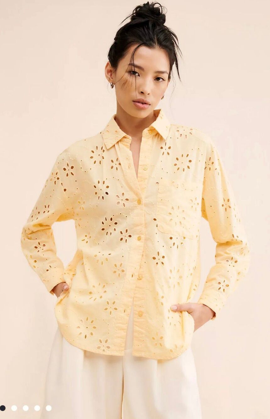 Anthropologie Yellow Eyelet Buttondown Top Sz Medium - Picture 2 of 12